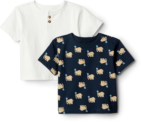 Amazon Essentials x Sofia Grainge T-Shirts à Manches Courtes Bébé Garçon, Lot de 2, Blanc/Éléphants, 24 Mois