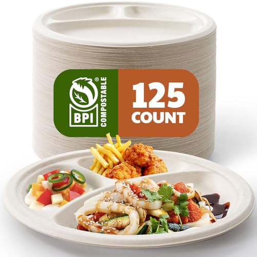 Joyborn Compostable Paper Plates, 10 Inch 3 Compartment plates Disposable, Pack of 100 Biodegradable Bagasse Heavy Duty Sectional Lunch Trays for Buffet, BBQ, Party and Daily Use (Nature)