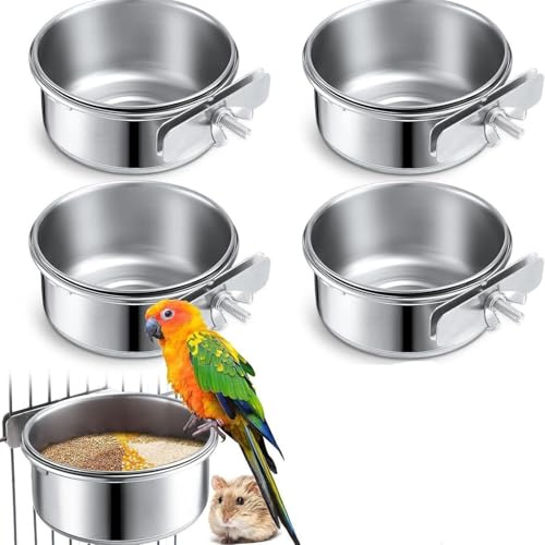 4 Stück Vogel Futternapf zum Einhängen mit Edelstahlhalter für Papageien, Wellensittich - Wasser und Futter Näpfe im Vogelhaus (10cm x 4.5cm)