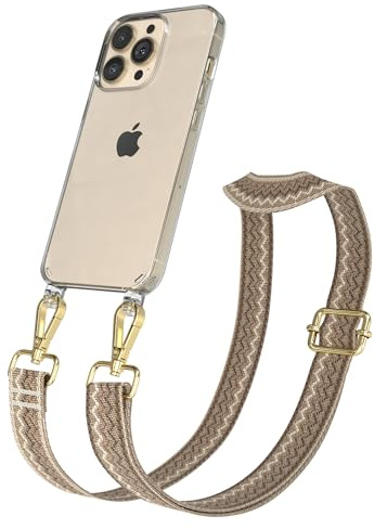 EAZY CASE Handykette - Verstellbares Taschenband kompatibel mit iPhone 13 Pro, Schulterriemen, Handykordel mit Silikon Hülle, Umhängetasche, Hell Braun Braun Gold