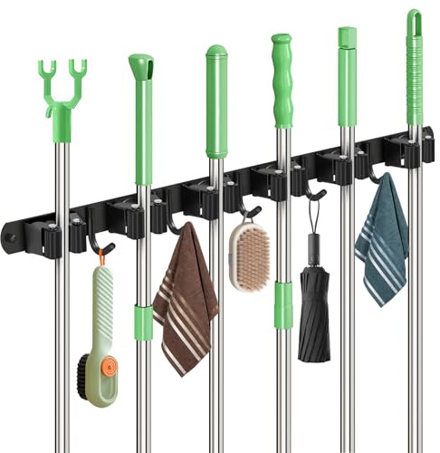 Sampoes Besenhalterung Wand, Besenhalter Edelstahl mit 6 Halter und 5 Haken, Gartengerätehalter Wandhalterung Besen Aufhängung, Besen Mop Halter für Badezimmer, Küche, Garage, Garten, Schwarz