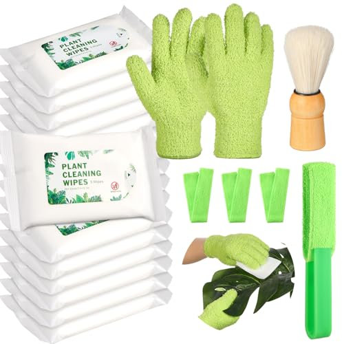 Dansib 20 Pcs Plants Cleaning Set Include 1 Pair Dusting Gloves 14 Based Wipes 1 Leaf Cleaning Tong with 3 Removable Microfiber Sleeves 1 Duster Brush for Indoor Outdoor Garden Plant Shiny Leaves