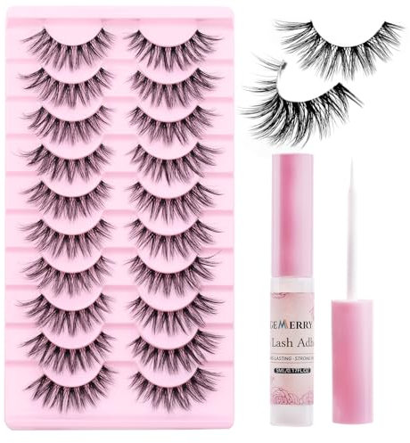 GEMERRY 10 Paires Cils Naturels & Colle Faux Cils, Vaporeux Aspect Naturel Faux Cils Cils Naturels Faux Cils Cils Doux et Moelleux(Kit-LZ-209)