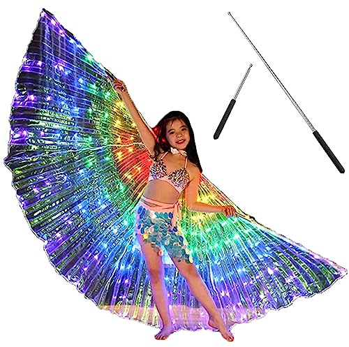 LED Isis Flügel Bauchtanzflügel 360 Grad LED mit 20-100cm Teleskopstab 2 Modi Lichtsteuerung Bauchtanz Flügel Erwachsene Schmetterlingsflügel Kinder für Bühnenauftritte Halloween (Farbe, Kinder)
