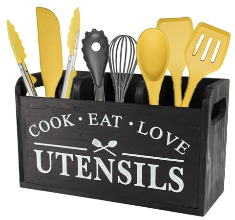 Gzsekken Kitchen Utensil Holder Rustic Utensils Holder Large 3 Compartments with Drainage Bottom Wooden Utensil Holder Cutlery Caddy Farmhouse Wooden Cooking Tools Storage for Countertop, Black