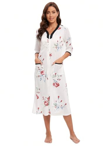 Citridarll Womens House Coat Zipper Front 3/4 Sleeves Robe Loungewear Full Length Sleepwear with Pockets Bathrobe Nightgown, S-2XL