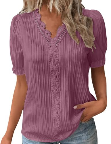 Generisch 2025 Femmes Été Dentelle Col V Couleur Unie Dentelle Élégante Chemise Mode Couleur Unie Élégant Chemisier Manches Courtes Confortable Doux T Femme Pull pour Femmes Aînées, Rose, XL