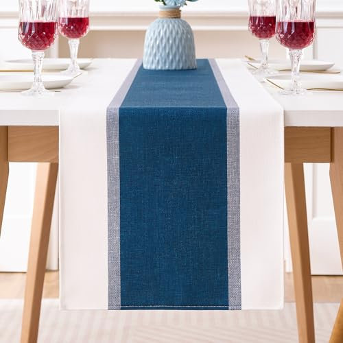 Tischläufer Blau 33x183 Modern Streifen Baumwolle und Leinen Tischläufer Herbst Outdoor Boho Wasserdicht Tischdecke Landhausstil Saisonnal Küche Tisch Dekoration Für Hochzeit Esszimmer Party Urlaub