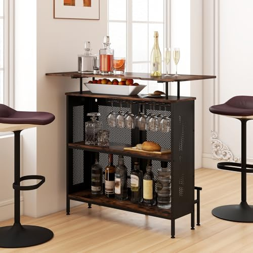 GOPLUS Table de Bar en Cadre Métallique, Meuble de Cuisine avec Étagère Ouverte & 6 Supports pour Vin, Table Bar avec Repose-pieds Ergonomiques pour Cuisine & Salle à manger (Rectangulaire Industriel)