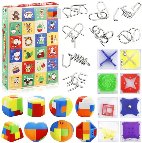 Knobelspiele Adventskalender, 24 Geduldspiele für Kinder, Geschicklichkeitsspiele, Knobelspiele Metall,Plastikpuzzle für Kinde Junge MädchenWeihnachten Geschenk