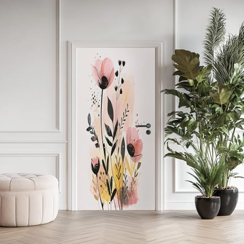 Fleur Rose Poster de Porte 3D Trompe L'oeil, Floral Aquarelle Auto-Adhésif Sticker Porte pour Chambre Cuisine, Plante Moderne Minimaliste Stickers Autocollants de Porte 73x205 cm