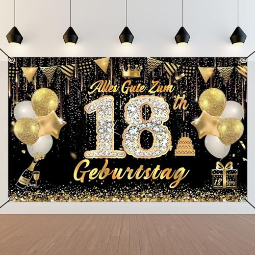18. Geburtstag Banner, Schwarz Gold 18 Jahre Geburtstag Deko Mädchen Junge, 18. Geburtstag Hintergrund Banner, 18. Geburtstagsbanner für Party Deko, Alles Gute zum 18 Geburtstagbanner, 180x110cm