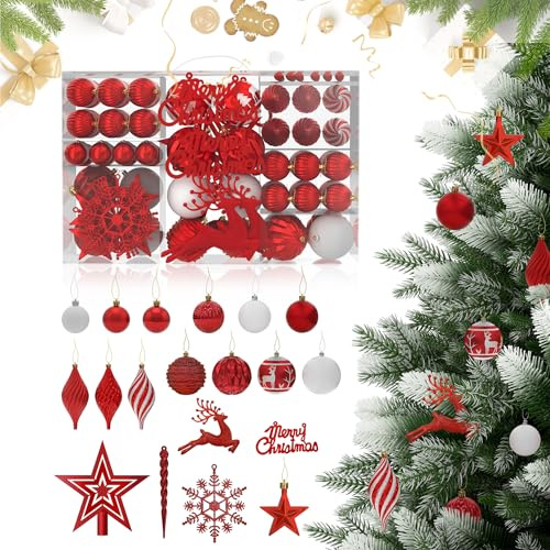 YZNAHRE Weihnachtskugeln 108er Set, Verschiedene Formen Weihnachtsdeko, matt, glänzend, glitzernd, Mehrweg Weihnachtsdeko, Rot und Weiß
