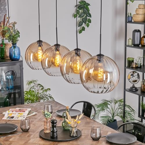 HOFSTEIN Hängeleuchte Koyoto, 4-flammige Hängelampe aus Metall/Riffelglas in Schwarz/Bernstein/Klar, moderne Pendelleuchte im Retro/Vintage-Design (Schirme Ø 30 cm), E27, Esszimmer, Küche, Wohnzimmer