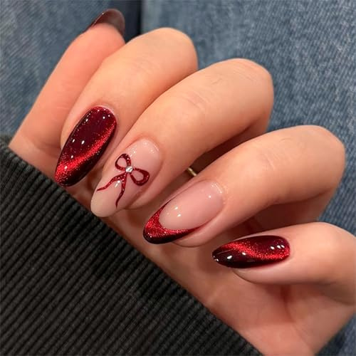 Dermalyx 24 Pièces Ongles Press On Rouge Cat-Eye Pour La Saint-Valentin, Style Français Avec Design En Arc, Faux Ongles Amande À Coller, Ongles Artificiels