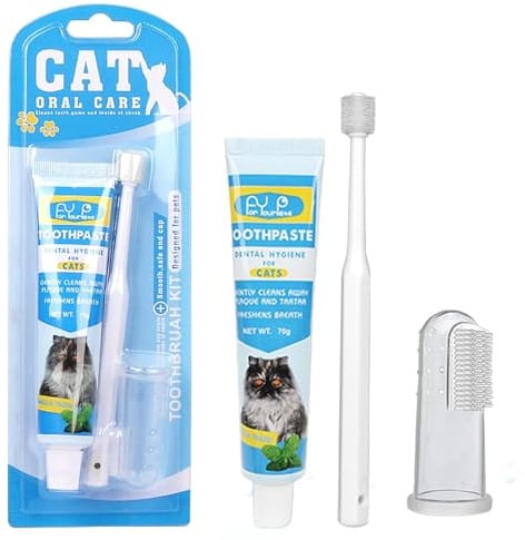 Henjunu Pasta de dientes gato con gatos cepillo de dientes y cepillo de dientes de dedo