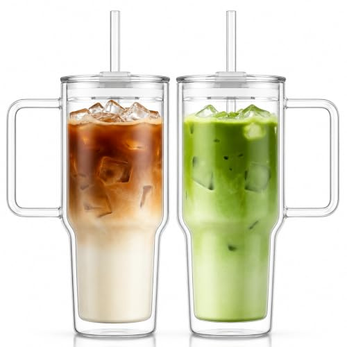 KEMORELA 2er Set Kaffeegläser mit Griff, Deckel & Glasstrohhalm, 830 ml Doppelwandige Latte Macchiato Gläser, Eiskaffee Glas, Matcha Glas, Teegläser für heiße & kalte Getränke