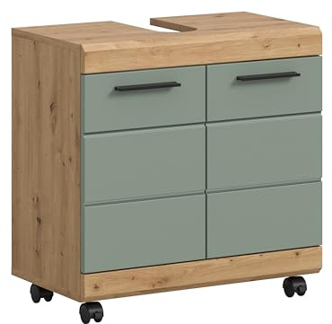 xonox.home – Waschbeckenunterschrank Scout 60x60x34 cm in Artisan Eiche und Salbei Nachbildung – Mobiler Badezimmerschrank auf Rollen mit Feststeller – Frisches Design & praktisch