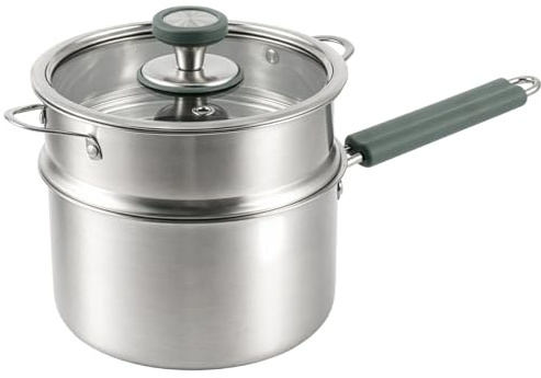 EVERGOODS Stainless Steel Sauce Pan with Steamer Basket Silver | Non-Stick Cooking Pot with Lid, Induction Compatible Small Pan for Vegetables, Soup, Oatmeal and Baby Food