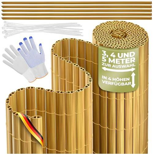 KESSER® PVC Sichtschutzmatte Sichtschutzzaun 90x300cm Balkonverkleidung Windschutz verstärkte Lamellen für Garten Balkon & Terrasse Balkonumrandung inkl Kabelbindern, Abdeckung & Handschuhe Bambus