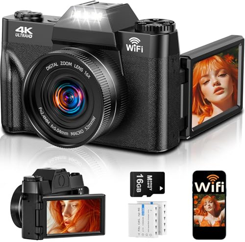 4K 75MP Digital Camera with WiFi, 3 180° Flip Screen UHD Compact Camera | 2x1500mAh Batteries & Micro SD Card, 16X Digital Zoom, 18 Filters Autofocus Vlogging Camera for YouTube & Beginners