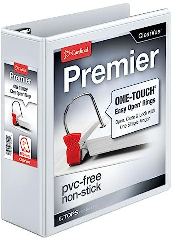 Cardinal 3-Ringbuch, Ordner für Schule und Büro, langlebig, 7,6 cm, leicht zu öffnender Ordner, One-Touch-Verriegelung, schräge D-Ringe, 650 Blatt Kapazität, ClearVue-Einband, PVC-frei, Weiß (10330)