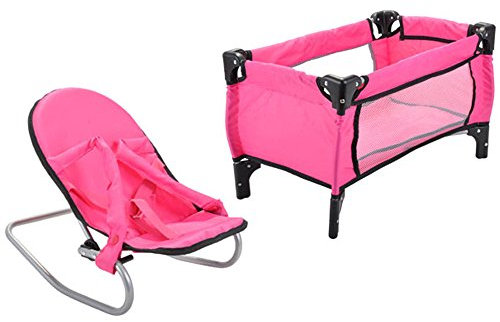 Bandits & Angels Puppenbett und Wippe Pink Angel – Rosa Puppenmöbel – Stuhl mit Sicherheitsgurten und Griffen – Klappbett inklusive Aufbewahrungstasche – für Mädchen