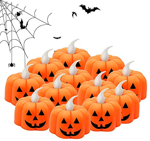 JYPS 12PCS Halloween Decorations Pumpkin Tealights Candles Flameless Tea Lights Battery Operated LED Orange Lanterns for Halloween, Indoor and Outdoor Home Decor