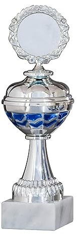 Henecka Pokal Serie Economy, Silber-blau, mit Wunschgravur, individuellem Sport-Emblem, wählbar in 6 Größen, oder als 6er-Serie