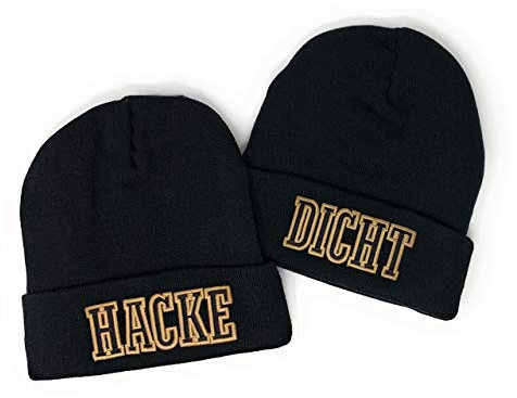Outfitfabrik ♥ Beanie SET Hacke Dicht in schwarz mit goldfarbenem 3D-Stick (2 Beanies, warme Wintermütze, Geschenk, Statement, Sprüche, Saufen fetzt), für Männer und Frauen, dehnbar