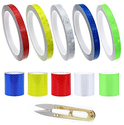 GZjiyu 10 Rollen Reflektorband Selbstklebend, PVC Warnaufkleber Reflektierend für Autos Motorrad Fahrräder Straßenmarkierung Nachtschutz (2 Größen: 1cm x 8m, 5cm x 1m)