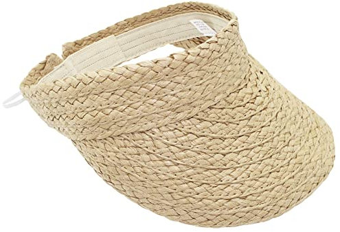 Hioph Women's Straw Visor Hat, Beach Visor Topless Sun Hat, Foldable Wide Brimmed Beach Straw, Travel Rollable Brim Summer UV Hat, UPF50+ Sun Protection, Khaki