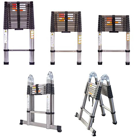 3,8m Teleskopleiter Dachbodenleiter für Zuhause, Büro, Wohnmobil, robuste Rostfreier Stahl-Auszugsleiter, 150kg Tragkraft, einfach zusammenklappbar, platzsparend, EN131-zertifiziert