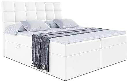 ALTDECOR Boxspringbett mit Multipocket-Matratze H4 (20 cm hoch) mit Kokosmatte, Kunstlederbett, Topper (4 cm hoch), Polsterbett mit Kopfteil und Bettkasten - BRUGO - 160x200 - Weiß Kunstleder