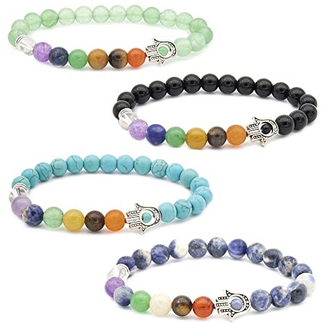 MINGZE 8 mm Naturstein Armband, 7 Chakren Schmuck Chakra Damenarmband Harmonie Yoga Meditation Reiki Charme Perlen, für Männer, Frauen, Paar, Jahrestag, Mutter, Geschenk (4 Stück Hand von Fatima)