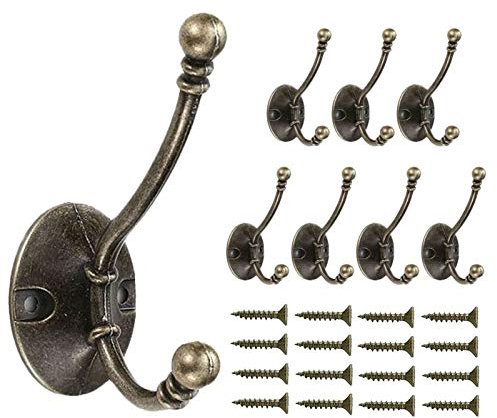 Mokife Gancio Appendiabiti Vintage, 8 Bronzo Grandi Anticato Muro Doppi Ganci Attaccapanni Porta Metallo Apendi di Abiti Resistenti per Cappotto Vestiti Vestaglia Accappatoio Cappello Chiave