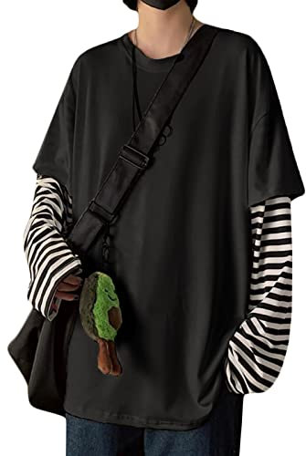 LAVASEON Harajuku Oversized Striped T-Shirt Long Sleeve Crew Neck Casual Matching Couple Streetwear Pullover, Black, XL