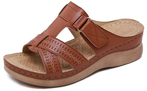 CELANDA Mules en Cuir pour Femme Sandales Mode Bout Ouvert Compensées Plateforme Pantoufles Premium Orthopédiques Sandales Vintage Chaussons de Plage d'été Marron, Taille:39 EU