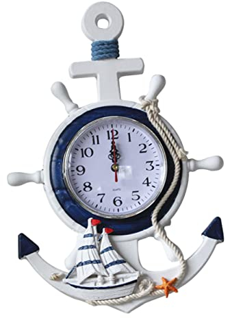 HOMSFOU Schiffsrad Uhr Schlafzimmerpartyküchestillleuchtturmhängendnetzmediterrannotbadstiluhrseitenruder-Steuerungoutdooranzugküstenschmucknavigationdekorativfürdekorationgroß Schiffsruder Wanduhr