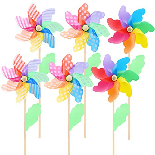 6 Pieces Colorful Rainbow Pinwheel Flower-Style Pinwheels 3D DIY Wind Spinners Wooden Garden Windmill Bird Repellent Pinwheels Garden Lawn Party Decor for Girls Boys