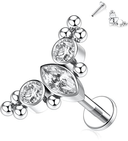 Titan-Labret-Ohrstecker Labret-Ohrringe mit Innengewinde 16G Ohrringe mit flacher Rückseite und CZ-Lippensteckern Tragus-Piercing-Schmuck 6 mm Helix-Ohrstecker Silberlappen-Knorpel-Muschel-Ohrringe