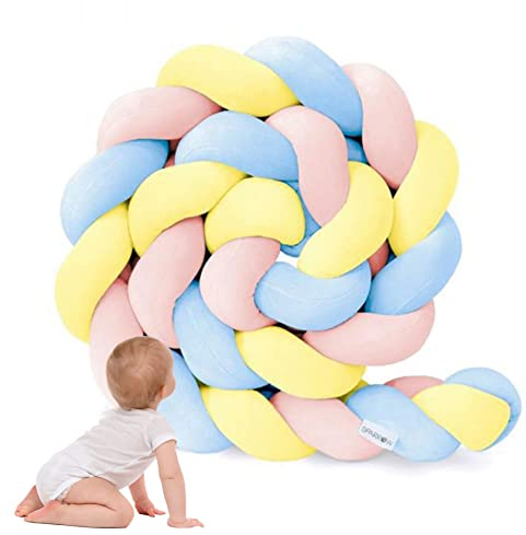 PTKG Bettschlange Geflochten Bettkantenschutz Baby Nestchen Umrandungen Bettrolle Stillkissen, Geflochten Bettschlange Nestchen Babybett Knotenkissen,Pink Yellow Blue,4m