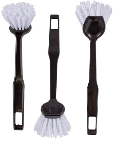 3x Grey Polypropylene Dish Brushes - Long Handle Washing Up Kitchen Cleaning Pot Pan Scrubber Sink Brush Set - By Ashley