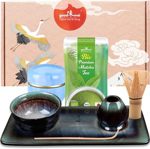 Goodwei Ensemble à Thé Matcha pour cérémonie du thé japonaise – Bol à matcha, porte-balai et plateau à thé au design assorti avec véritable matcha BIO du Japon (Vert)