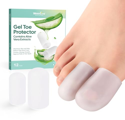 Welnove 12x Silikon Zehenkappen mit Aloe Vera – Schutz für Hühneraugen, Blasen & Hammerzehen – Bei eingewachsenen Nägeln & Ballenschmerzen(4L + 8M, Klare)