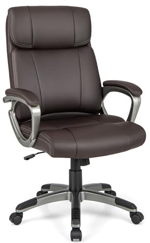 COSTWAY Bürostuhl, ergonomischer Chefsessel mit gepolsterten Armlehnen, Schreibtischstuhl aus Kunstleder mit Wippfunktion, höhenverstellbarer Drehstuhl, Computerstuhl bis 160 kg belastbar, Braun
