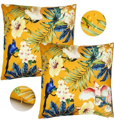 BIA Home Alba, 2er Set, Outdoor Kissenbezug und Kissenhülle, 45x45 cm, Wasserabweisend, Gelb, Vogel-Design, Frühling Deko, Ideal für Balkon Dekoration, Mit Blumen und Blumenmuster, Loungekissen