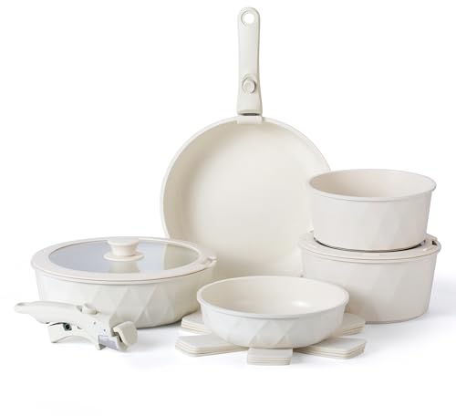 Country Kitchen 13-teiliges Topf- und Pfannenset, sicheres Antihaft-Küchen-Kochgeschirr mit abnehmbarem Griff, Wohnmobil-Kochgeschirr-Set, ofenfest (Diamant, Creme)