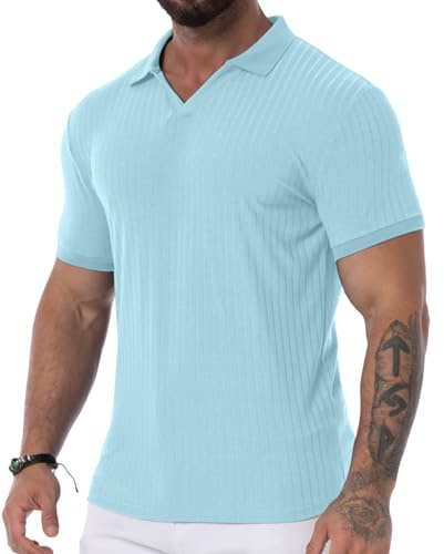 QIXING Mens V-Neck T Shirt Muscle Slim Fit Polo Shirts Ribbed Short Sleeve Knit Golf Polo Casual Summer Work Top for Men UK(Sky Blue,L)