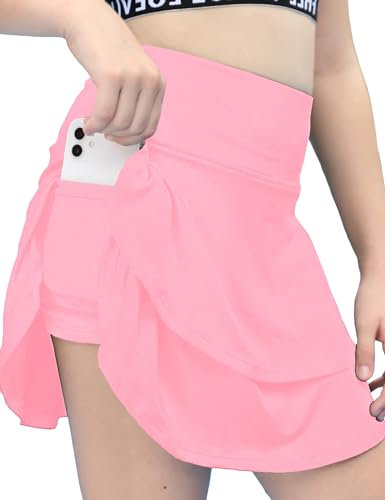 Haloumoning Mädchen Rock Sommer Tennisrock für Kinder Faltenrock Sport Skater Skorts Röcke A-Linie Geschichtet Rüsche Golfrock mit Taschen Rosa 4-5 Jahre